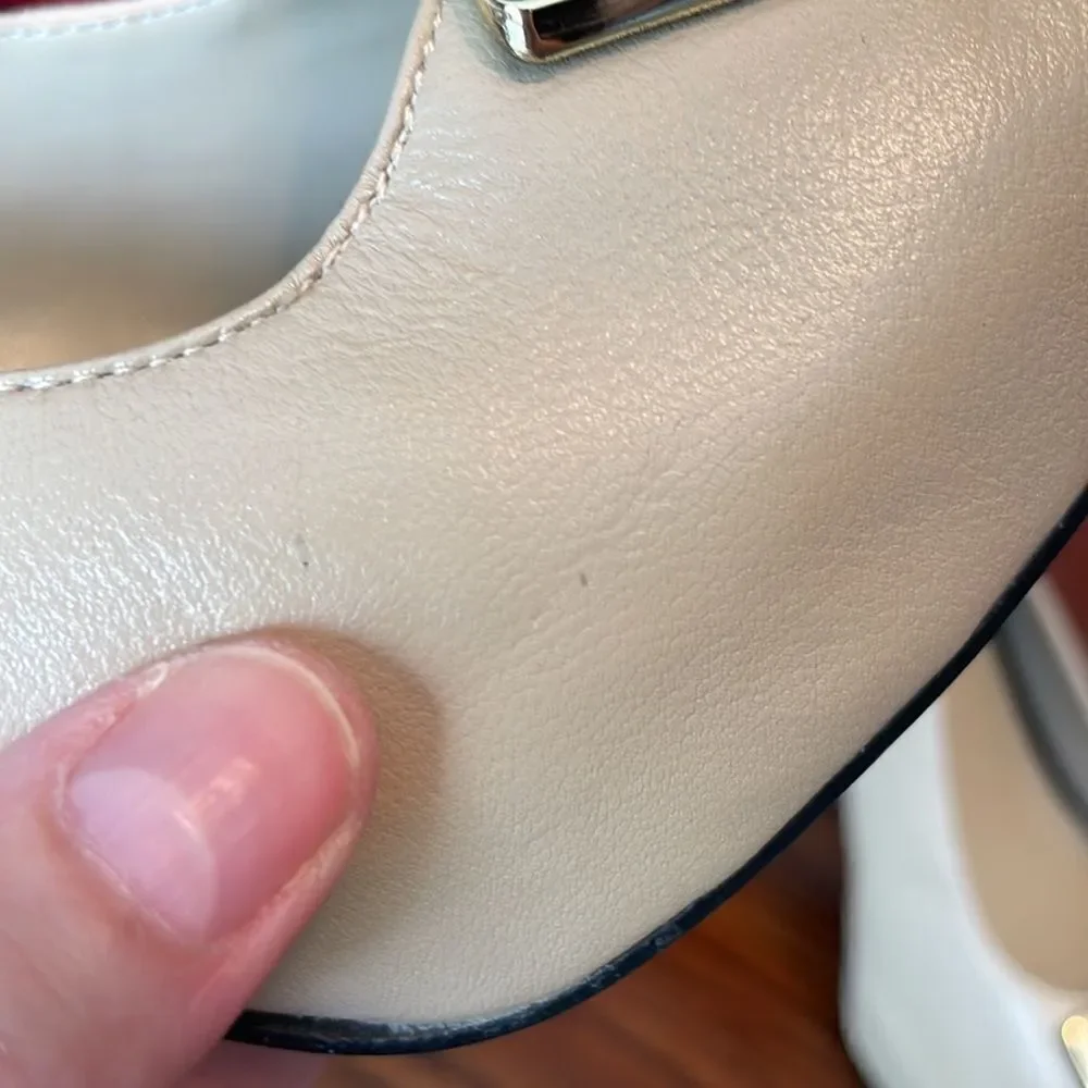 Nine West ivory leather black patent and gold accent slingback platform heels